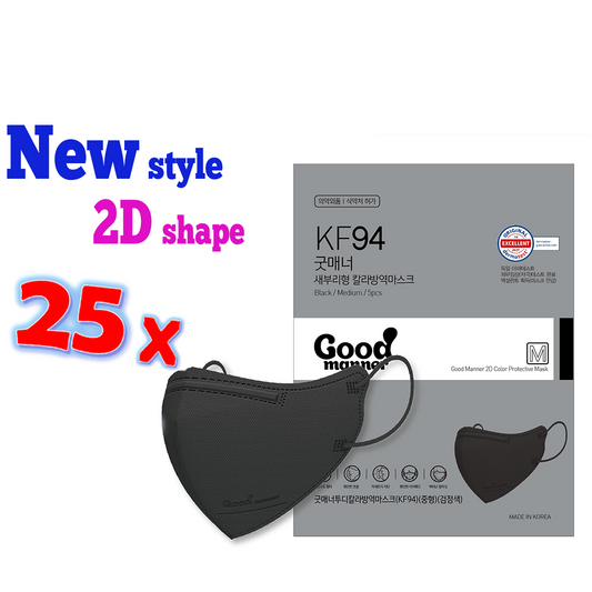 Good Manner Mask KF94, 2D [Medium] Black Adult (25 Masks) / The Official Distributor in Canada.