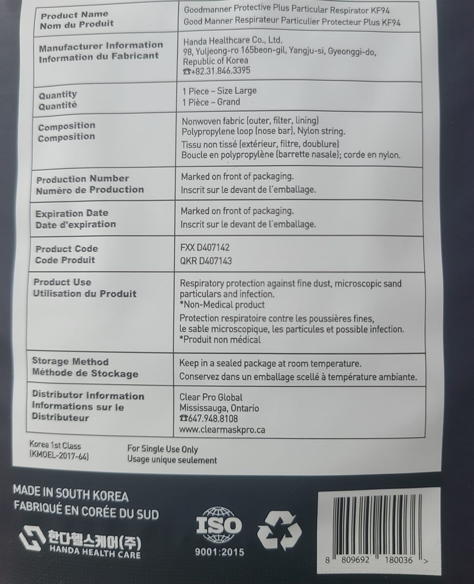 Good Manner KF94 Mask Canada (25 Masks), White Adult / Free Shipping within Canada-The Authorized Distributor in Canada. | Clear Pro Global_Good Manner